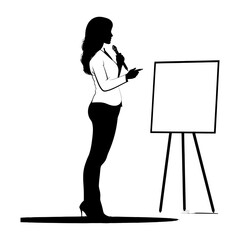 Silhouette Business Woman Making Presentation on Whiteboard black color only
