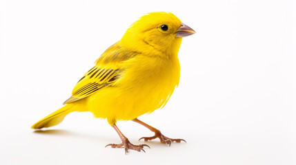 A lone canary is photographed against a white backdrop in a studio. - obrazy, fototapety, plakaty