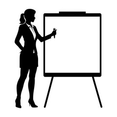 Silhouette Business Woman Making Presentation on Whiteboard black color only