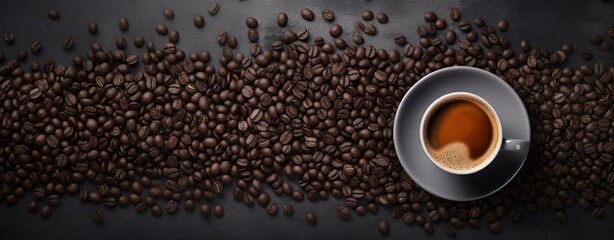 background of coffee beans with a cup of black coffee drink
