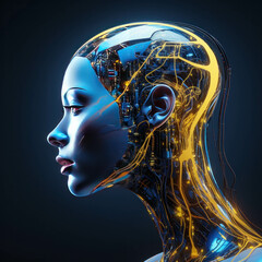 Dive into the world of artificial intelligence with this mesmerizing image showcasing a side view of a humanoid head, donned with captivating blue and yellow eyes. AI generative.
