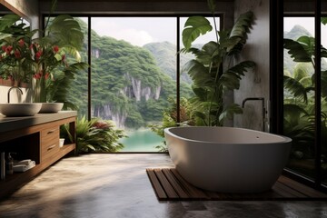 Fototapeta premium Luxury bathroom in tropical style with panoramic windows, beautiful nature view, lots of green plants.