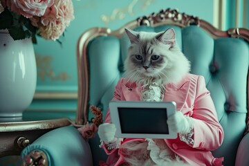 the cat in a suit has an ipad, Business cat wearing suit, Ragdoll cat kitten isolated in glam fashionable couture high end outfits isolated Creative animal concept