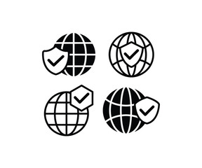 world network security globe icon with shield vector design illustration flat black white collections sets