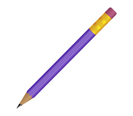 3D Realistic Purple Pencil with Rubber Eraser. Realistic Vector Illustration Design. Wooden Stationery Object for Writing and Drawing. Pencil Cartoon Creative Design Idea Isolated on White Background
