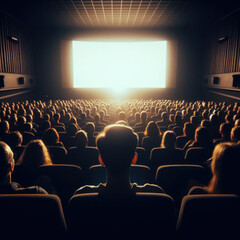 Fototapeta na wymiar Dark cinema with audience waiting in anticipation, with black white screen