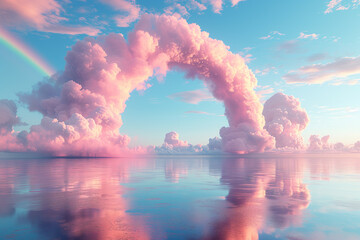 3d render of luminous clouds morph into a grand arch above a serene ocean, crowned by a faint rainbow in the pastel sky.