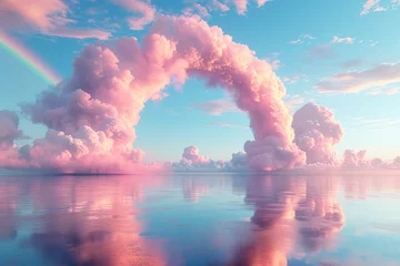Papier Peint photo Lavable Rose clair 3d render of luminous clouds morph into a grand arch above a serene ocean, crowned by a faint rainbow in the pastel sky.