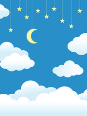 Night Sky Clouds Stars Moon on String. Blue background