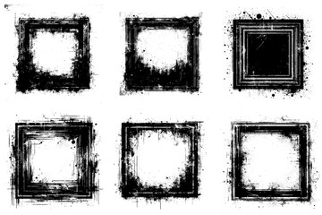 Set of 6 black Distressed frames. Grunge scatter rough overlay textures. 