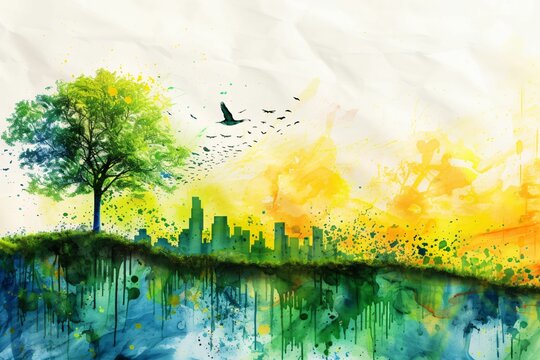 écologie et planète terre, arrière plan conceptuel sur le thème de l'écologie, dessin façon aquarelle colorée, ia générative