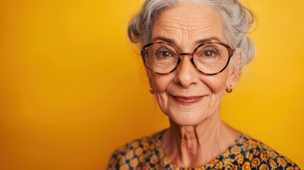 Elegant elderly woman with glasses wearing a floral dress smiling against a vibrant yellow background.