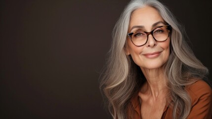 A woman with gray hair and glasses smiling gently against a dark background.