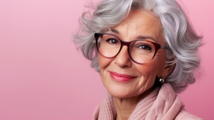 Fototapeta premium Elegant older woman with gray hair wearing glasses smiling and dressed in a pink scarf and blouse against a pink background.
