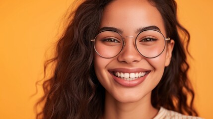 Obraz premium Smiling woman with curly hair and round glasses against orange background.