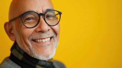 Smiling elderly man with glasses and white beard against yellow background.