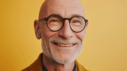 Smiling bald man with glasses yellow background warm lighting friendly expression relaxed pose casual attire cheerful demeanor engaging smile approachable appearance.