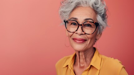 A smiling elderly woman with gray hair wearing glasses and a yellow blouse against a pink background.