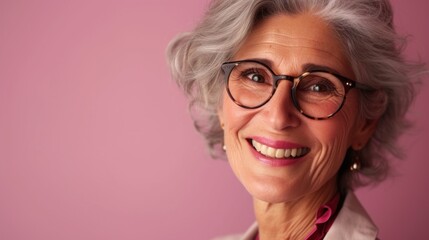 Smiling elderly woman with gray hair and glasses wearing a pink blouse with a collar against a pink background.