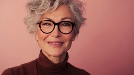 Fototapeta premium A woman with short gray hair wearing glasses and a brown turtleneck smiling against a pink background.
