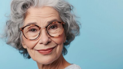 Woman with gray hair wearing glasses smiling against blue background.