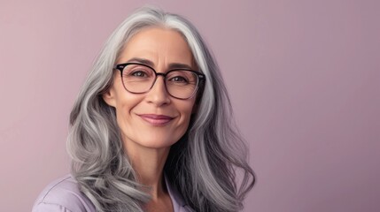 Woman with gray hair wearing glasses smiling and dressed in a purple top against a pink background.