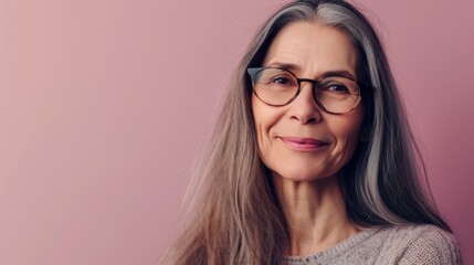 Woman with gray hair and glasses smiling gently wearing a light-colored sweater against a soft pink background.