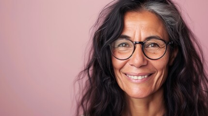A smiling woman with graying hair and glasses against a soft pink background.