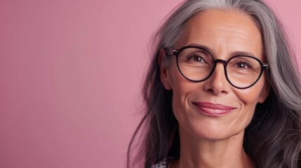 Smiling woman with gray hair and glasses against pink background.