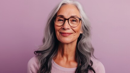 Smiling elderly woman with gray hair and glasses wearing a pink top against a soft pink background.