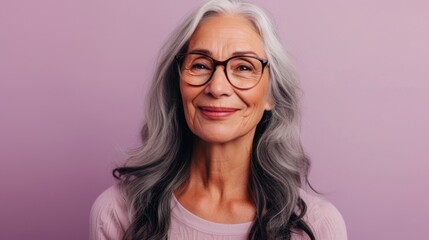 Obraz premium Smiling elderly woman with gray hair and glasses wearing a pink top against a soft pink background.