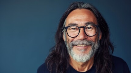 A man with long hair and a beard wearing glasses and a dark shirt smiling against a blue background.