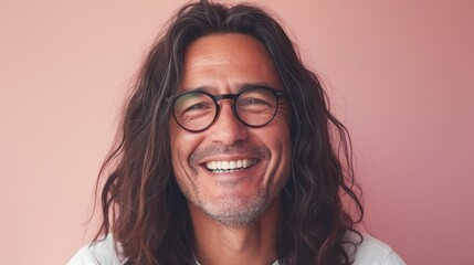 Smiling man with long hair and glasses against pink background.