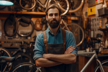 Confident and successful bicycle repairman standing in his office.