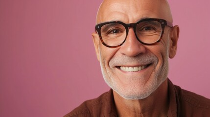 Smiling man with glasses and gray beard against pink background.
