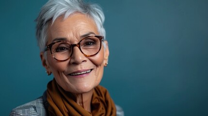 A smiling elderly woman with short gray hair wearing glasses and a brown scarf against a blue background.