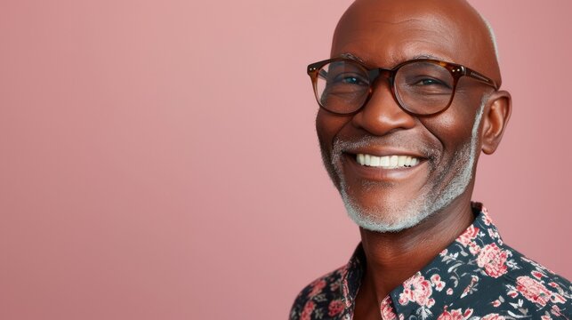 Smiling man with glasses and gray beard wearing a floral shirt against a pink background.