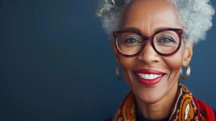 Smiling woman with gray hair wearing glasses and a colorful scarf against a blue background. - Powered by Adobe