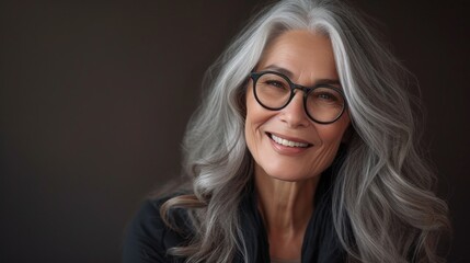 Fototapeta na wymiar A woman with gray hair and glasses smiling at the camera wearing a black top with a high neckline.