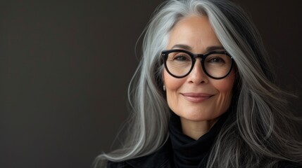 A woman with gray hair and glasses smiling at the camera.