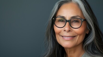 Fototapeta premium Woman with gray hair wearing black glasses smiling against a gray background.