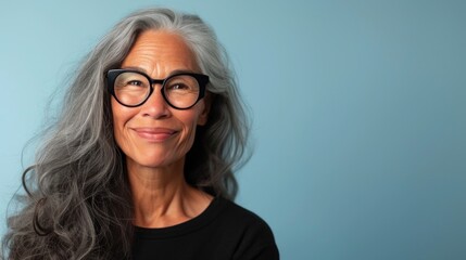 Woman with gray hair wearing glasses smiling against a blue background.