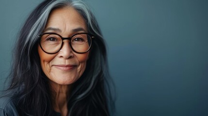 A smiling elderly woman with long dark hair and glasses against a soft blue background.