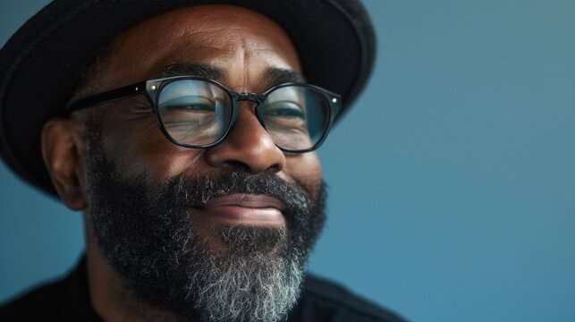 A man with a beard and mustache wearing glasses and a hat smiling at the camera with a relaxed expression.