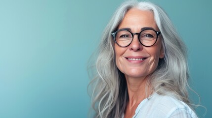 Fototapeta premium Smiling woman with gray hair and glasses wearing a light blue top against a soft teal background.