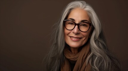 A woman with gray hair wearing glasses and a brown scarf smiling against a brown background.