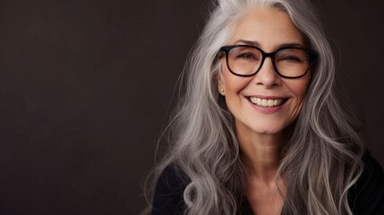 Smiling woman with gray hair and glasses wearing a black top against a dark background.