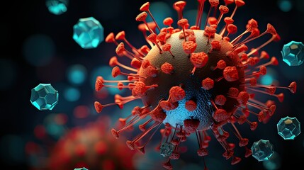 green, red and blue coronavirus surrounded by red fluorescent dots, in the style of dark azure and gold,