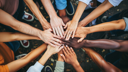 A heartwarming photograph capturing a group of individuals from diverse backgrounds joining hands in unity - obrazy, fototapety, plakaty