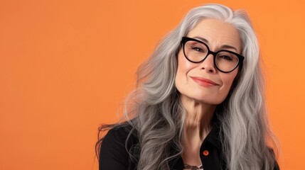 Gray-haired woman with glasses smiling against orange background.